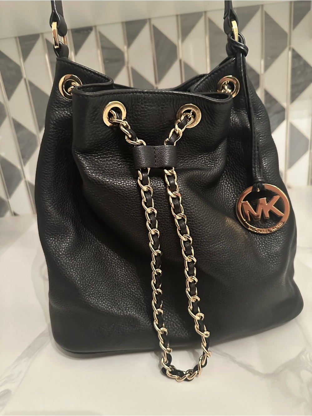 Michael Kors Black Pebbled Leather Chain Drawstring Bucket Bag